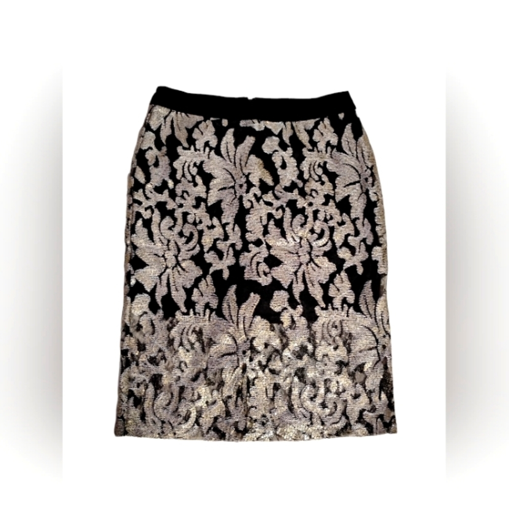 Metallic Floral Brocade Pencil Skirt Black Silver – Women’s P